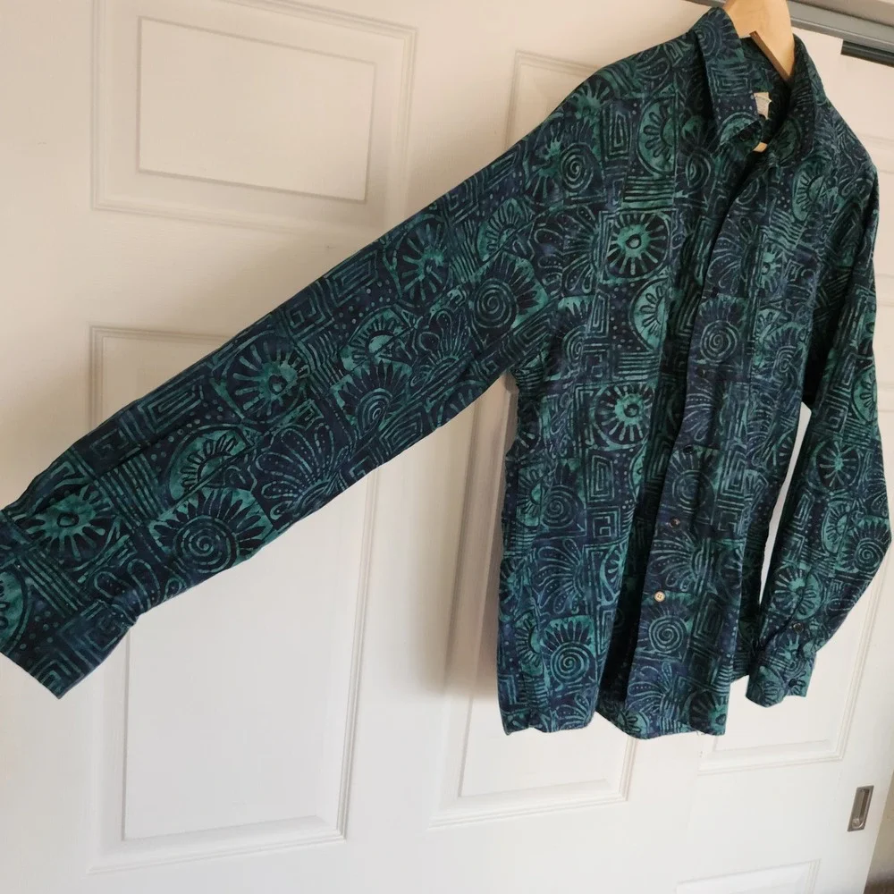 Jahari West Men's Long Sleeve Dark Blue and Teal Tropical Batik Shirt - Large - Picture 2 of 10